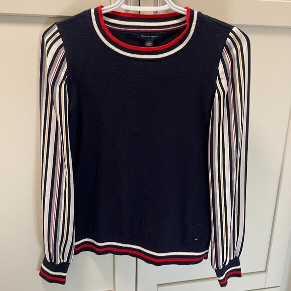 Tommy Hilfiger Sweater with Sheer Sleeves XXS Preppy Round Neck Like New - Picture 1 of 9